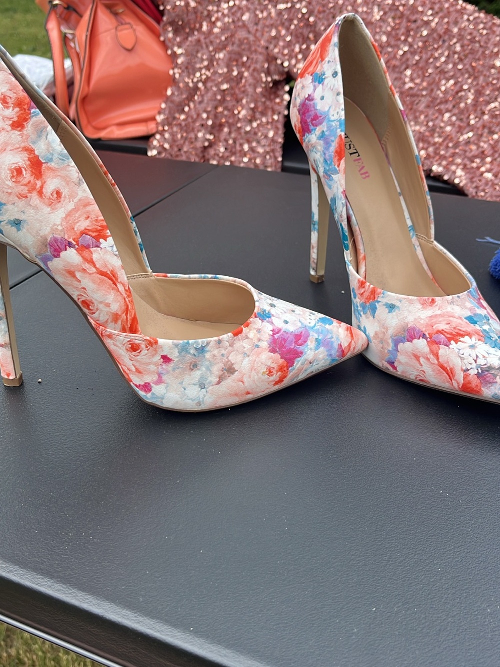 Floral Pointed Toe High Heel Pumps - Coral & Pink